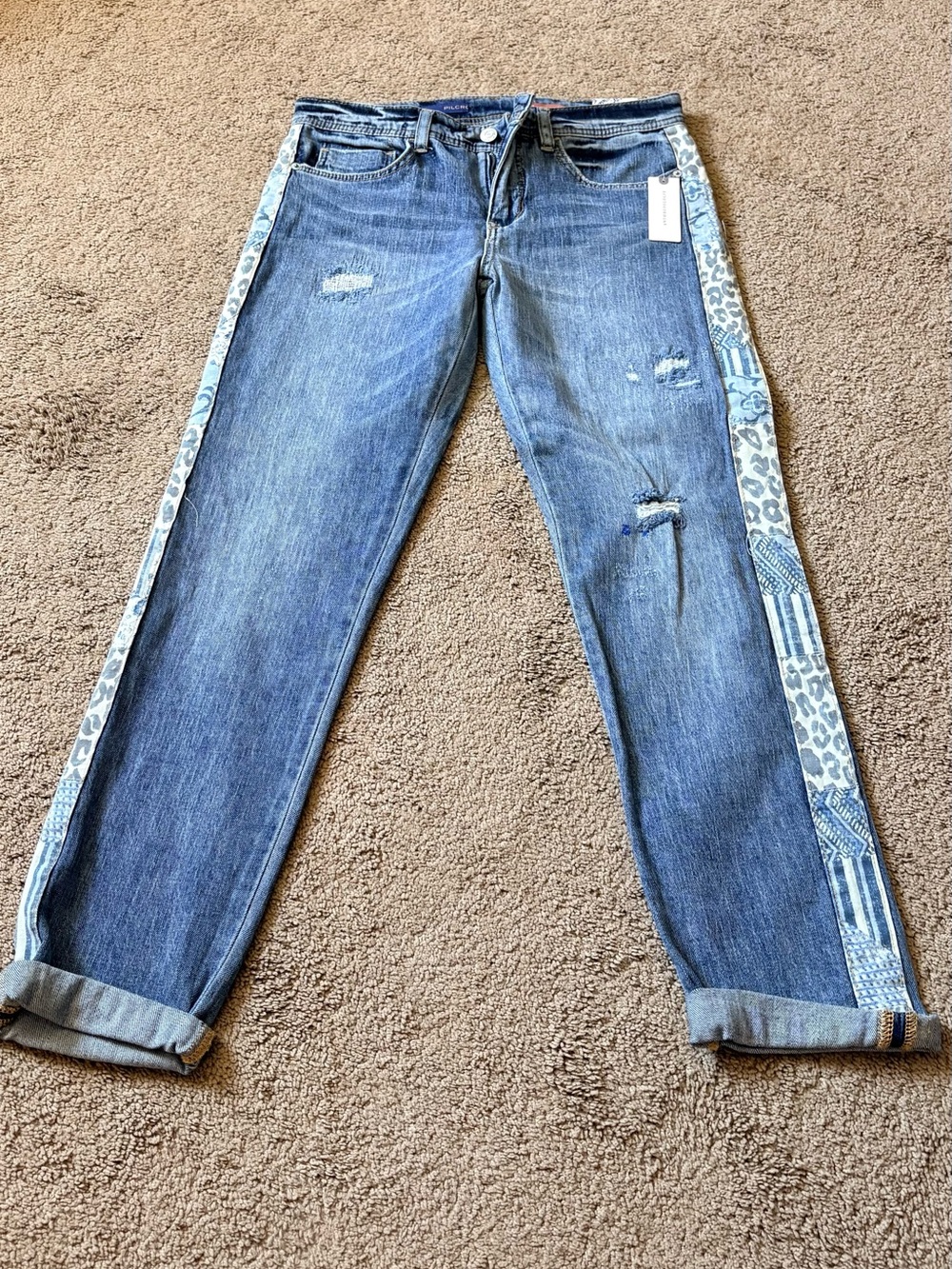 Anthropologie Blue Denim Boyfriend Jeans with Patterned Side Tape